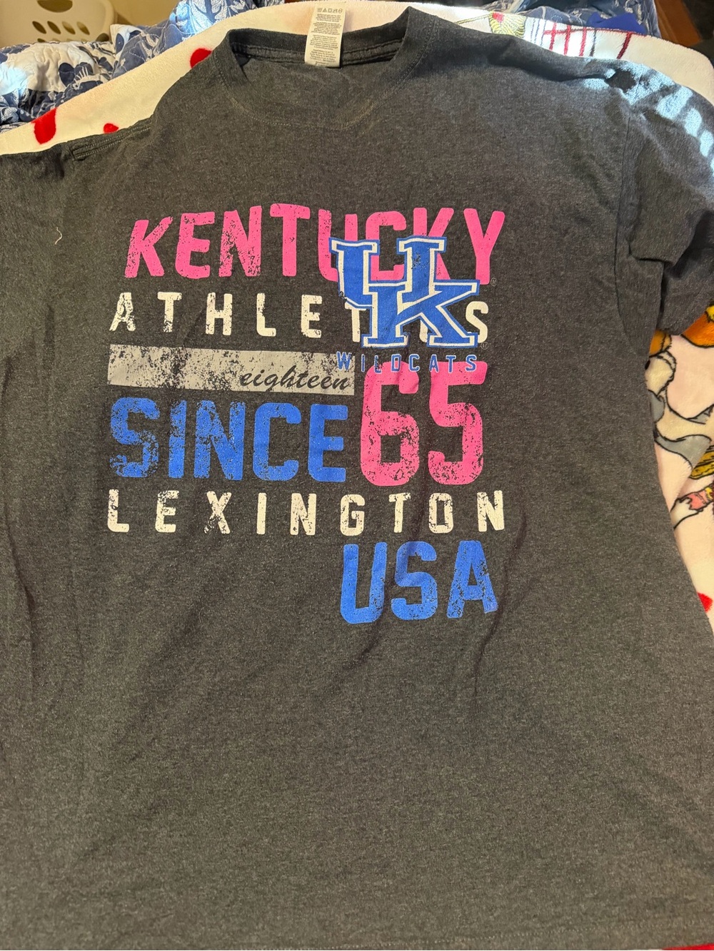 Jerzees Charcoal Kentucky Graphic Tee with Pink & Blue Accents